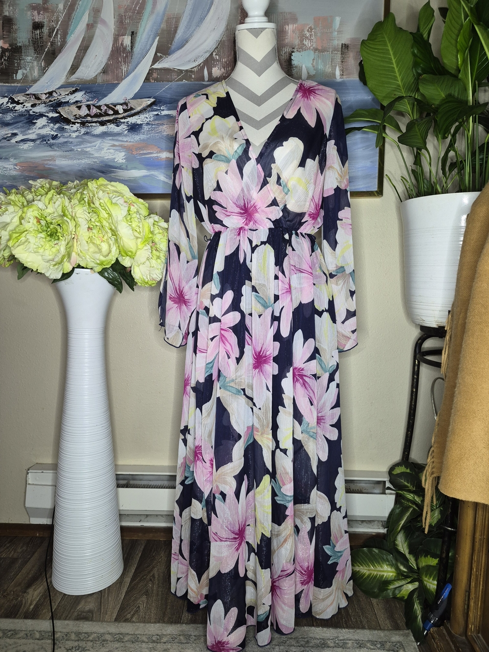 En Focus Petite Womens Floral Maxi Wrap Dress